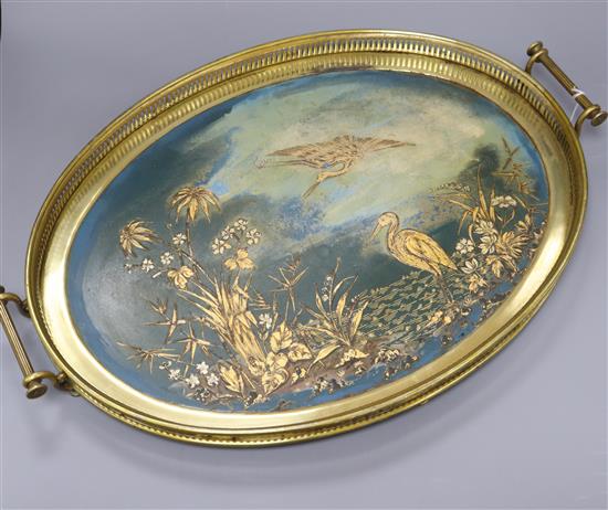An English brass and chinoiserie tray, by H F & Co length 58cm